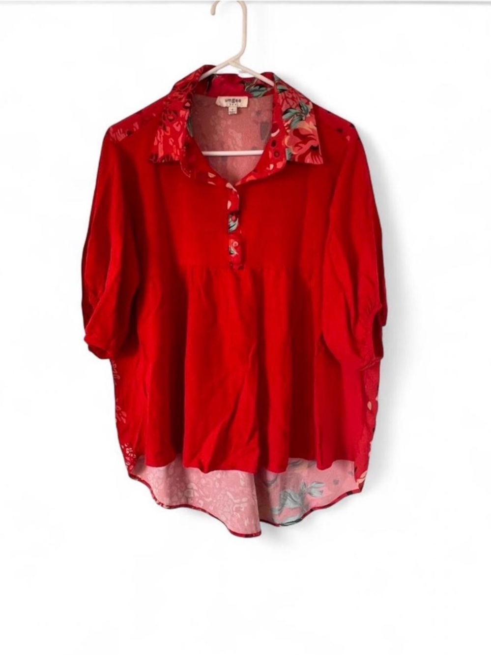 Umgee Coral Floral Collared Button-Down Blouse 3/4 Sleeve Lightweight Women S